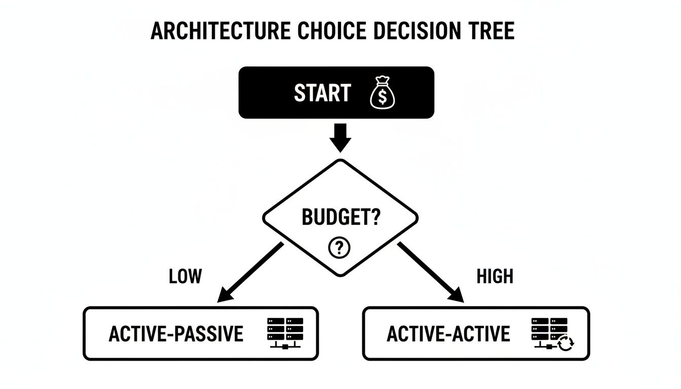 A decision tree for architecture choice, starting with budget, leading to active-passive for low budget or active-active for high budget.