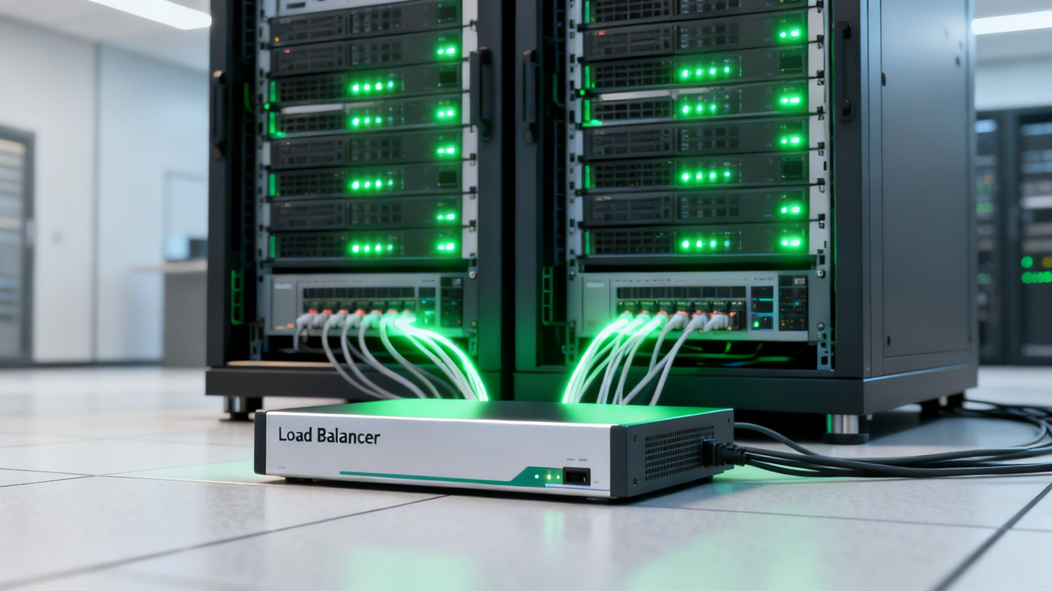 A load balancer device with glowing green cables connecting to two active server racks in a data center.