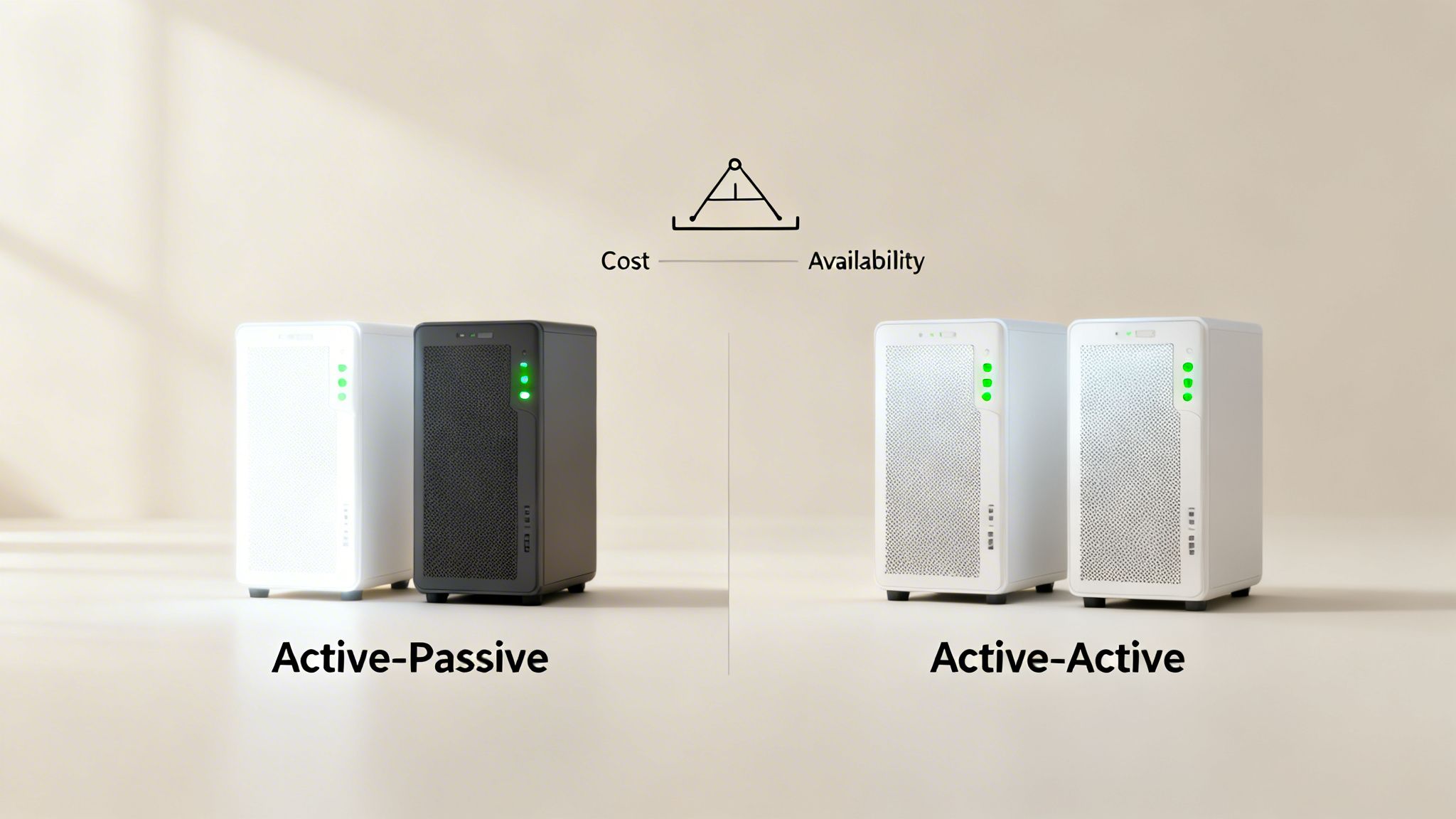 Side-by-side comparison of Active-Passive and Active-Active server configurations, illustrating cost and availability trade-offs.