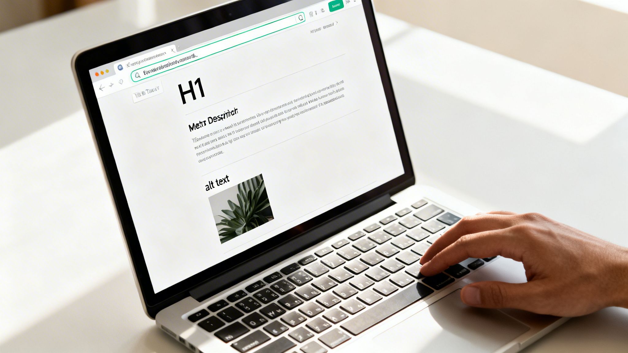 A person's hand typing on a laptop displaying a website with H1, meta description, and alt text for an image of a plant.