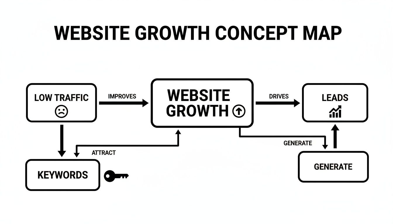 A concept map illustrating website growth from low traffic through keywords, driving leads, and generating new opportunities.