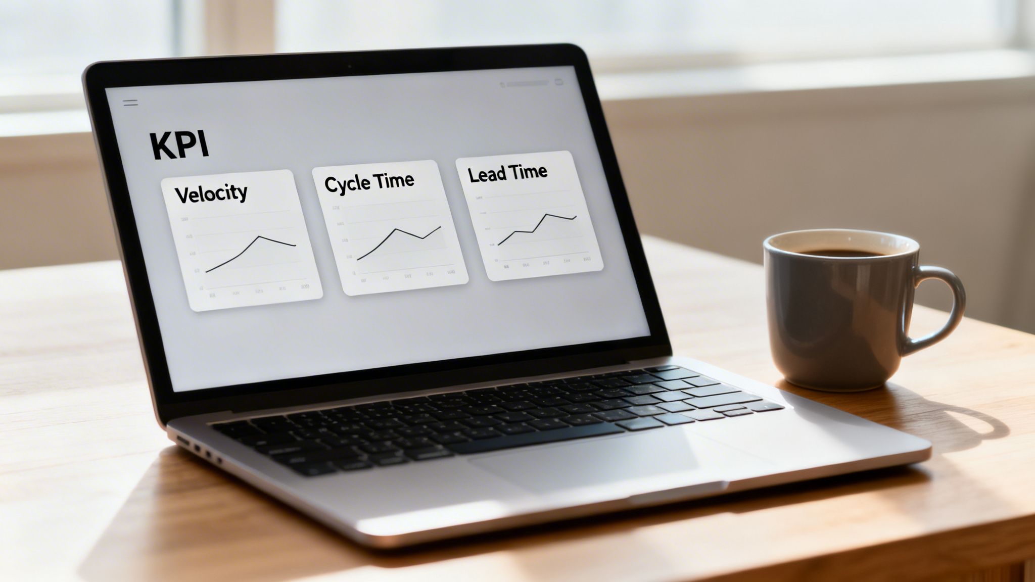 Laptop displaying agile KPI metrics: Velocity, Cycle Time, and Lead Time, on a wooden desk with a coffee mug.