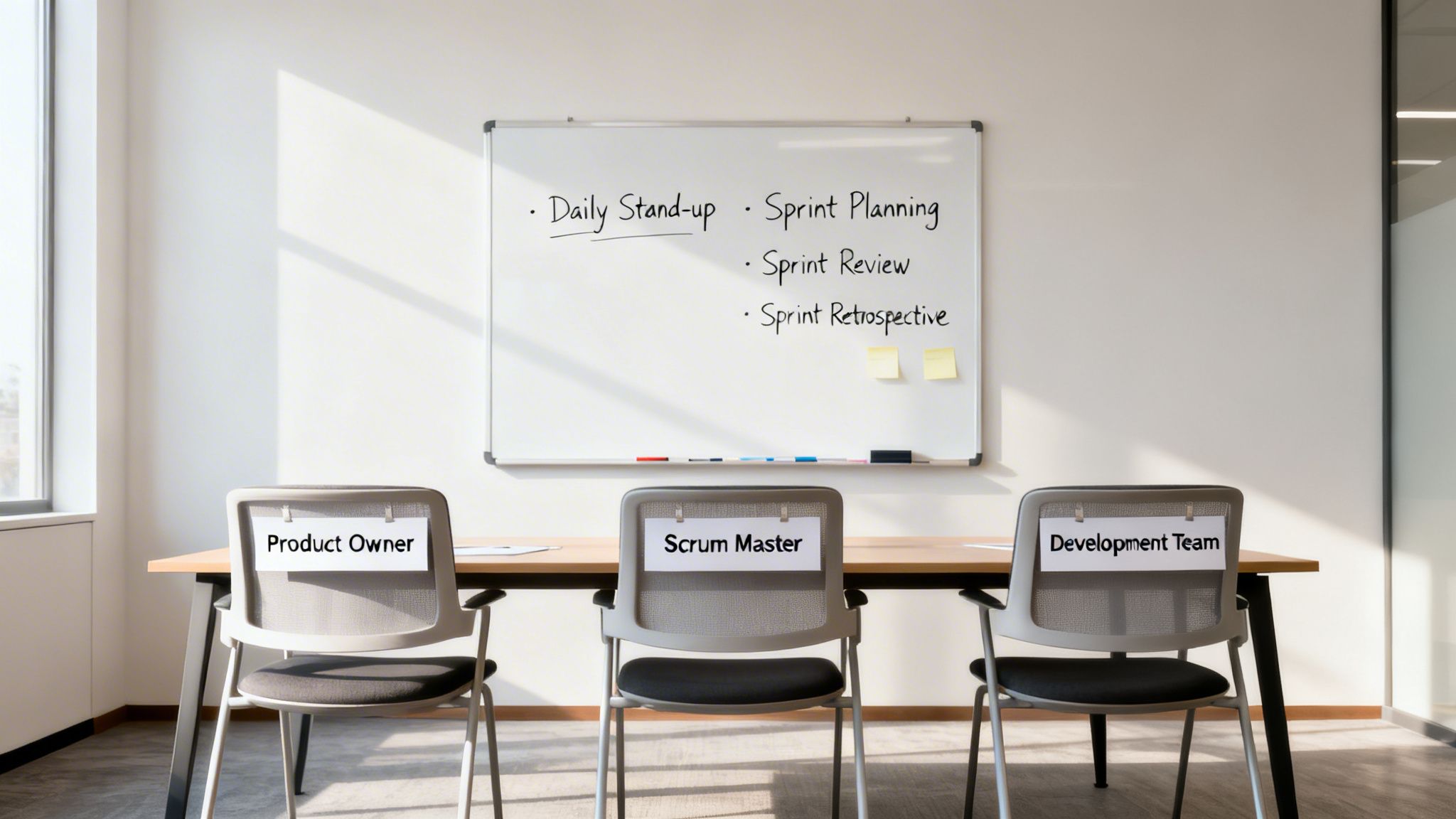 Agile Scrum meeting room with whiteboard listing ceremonies and chairs for Product Owner, Scrum Master, and Development Team.