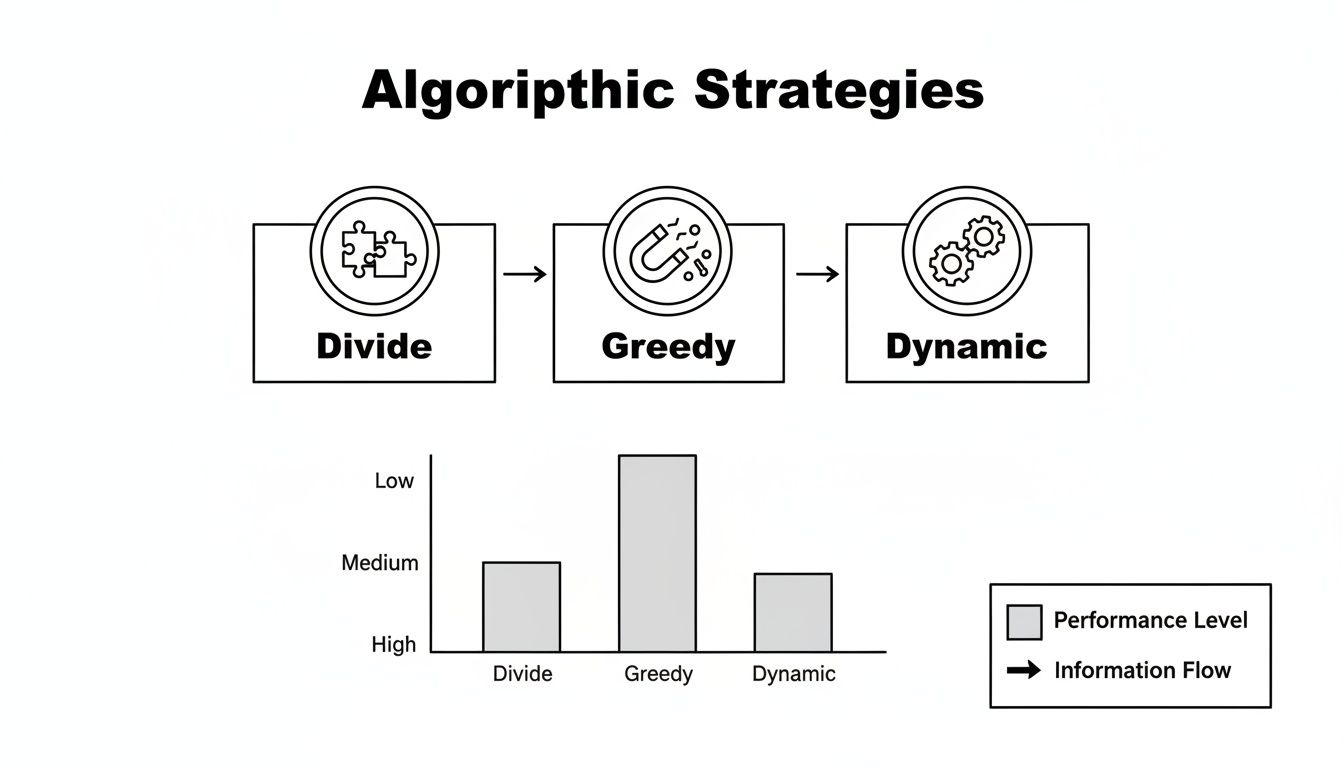 Diagram showing algorithmic strategies: Divide, Greedy, and Dynamic, with a bar chart comparing their performance levels.