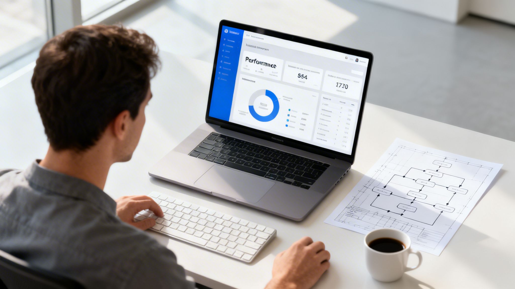 A person from behind works on a laptop showing a performance dashboard, with a diagram and coffee nearby.