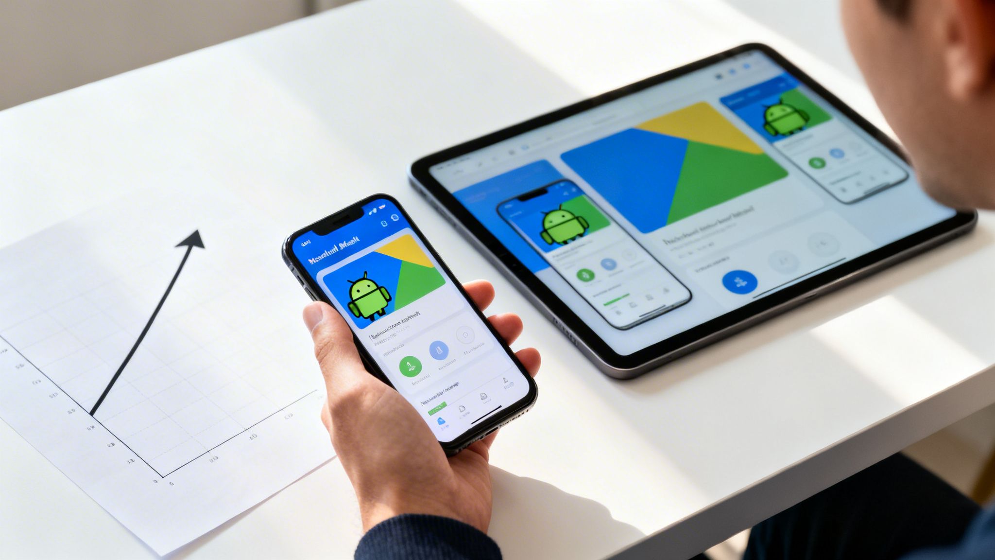 A person holds a smartphone and a tablet displaying an Android app interface, next to a growth chart.