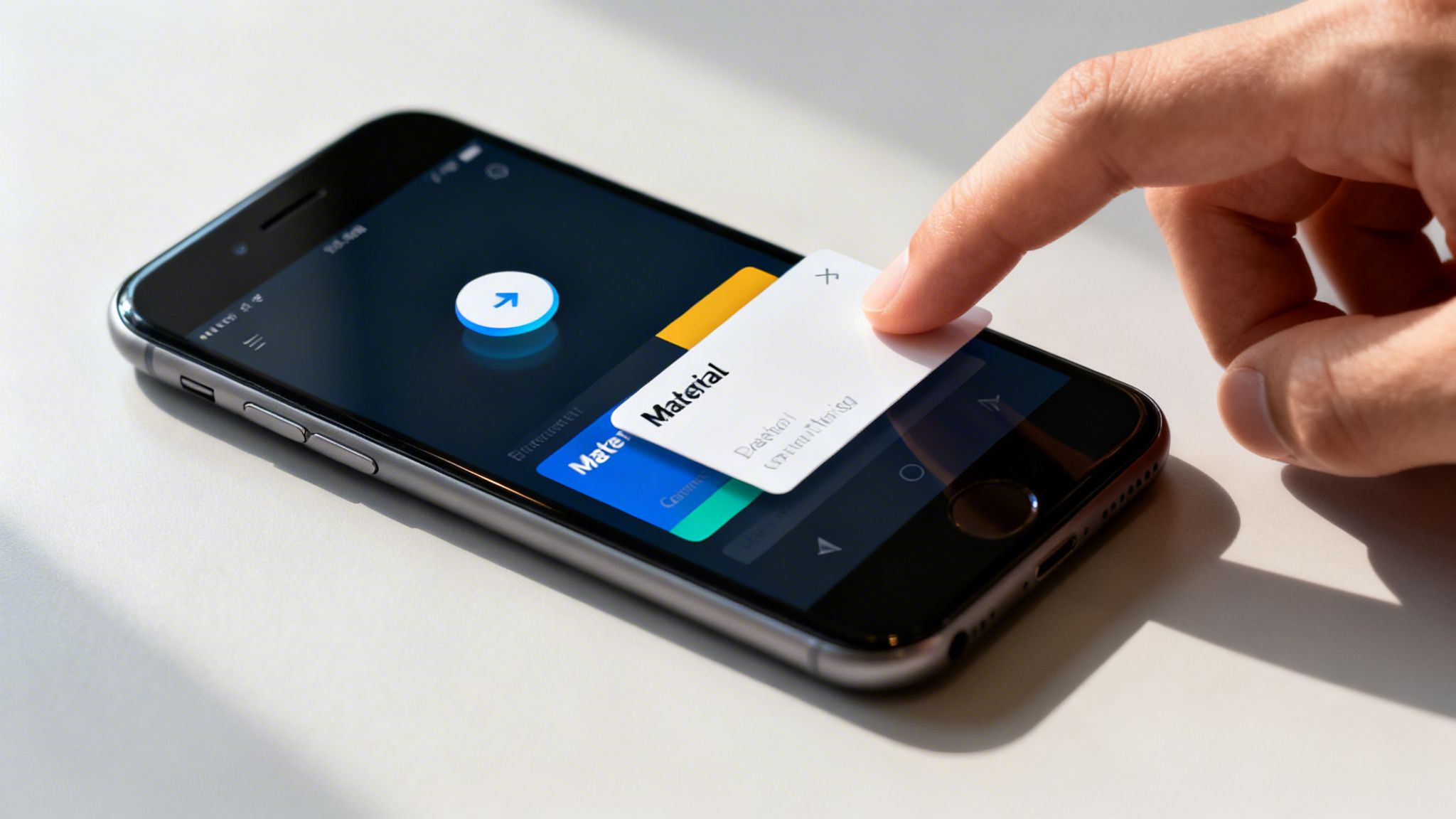 A hand interacts with a smartphone, swiping a card labeled "Material" in a dark-themed app.