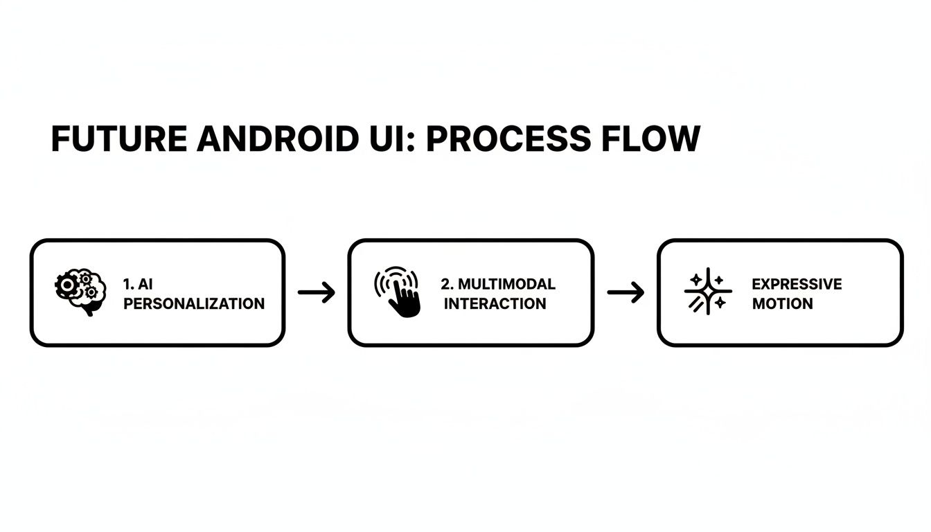 A diagram illustrating the future Android UI process flow with AI personalization, multimodal interaction, and expressive motion.