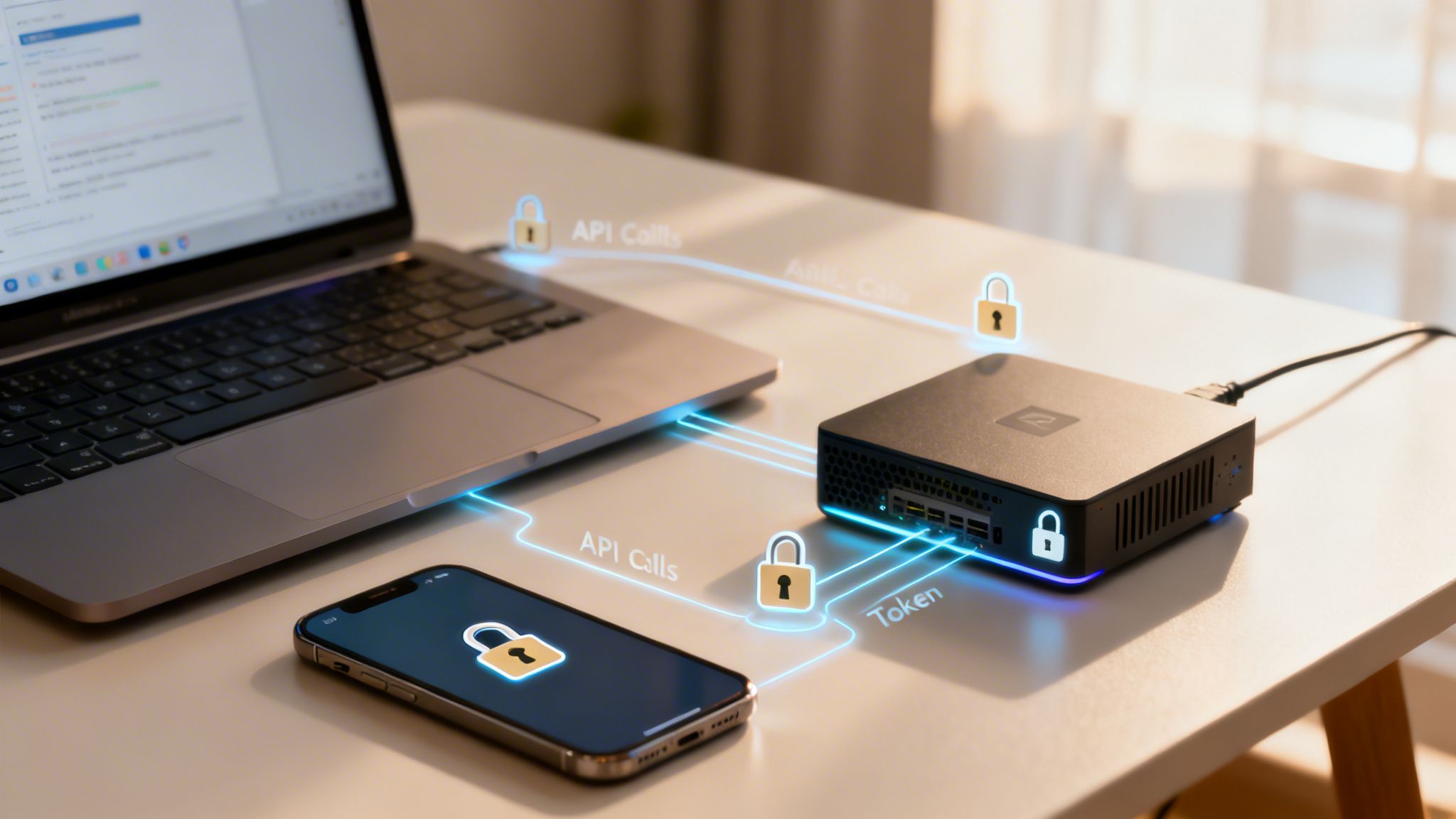 Diagram showing secure API calls and token exchange between a laptop, a server, and a smartphone.