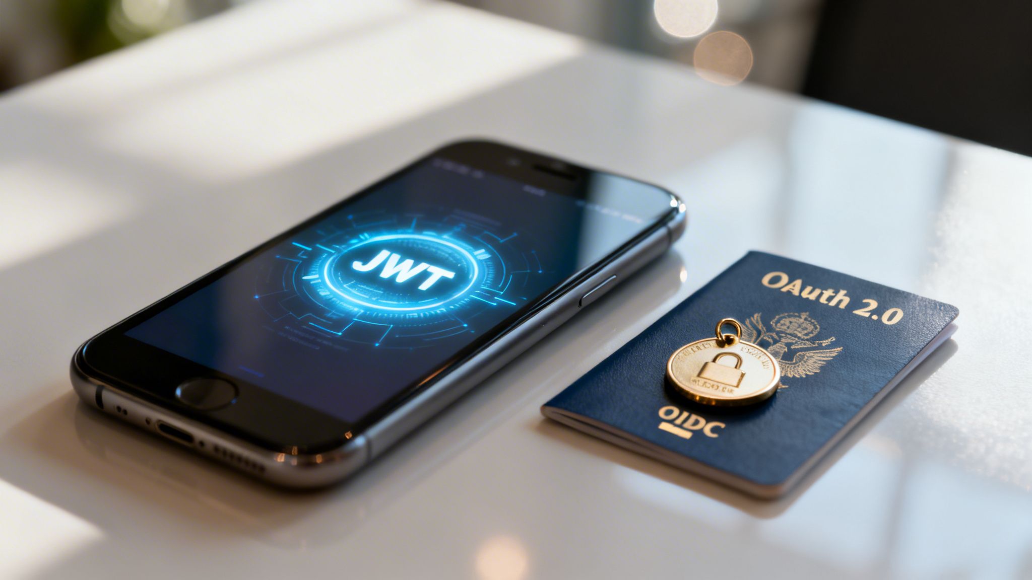 A smartphone displays JWT with a tech circle next to a passport-like item showing OAuth 2.0 and OIDC, symbolizing digital authentication.