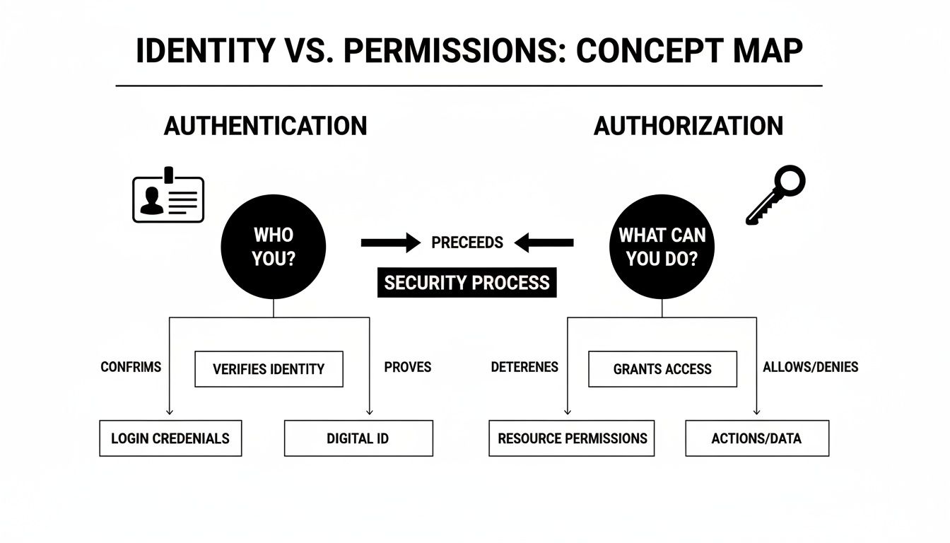 A concept map illustrating the distinction between authentication (who you are) and authorization (what you can do) in a security process.