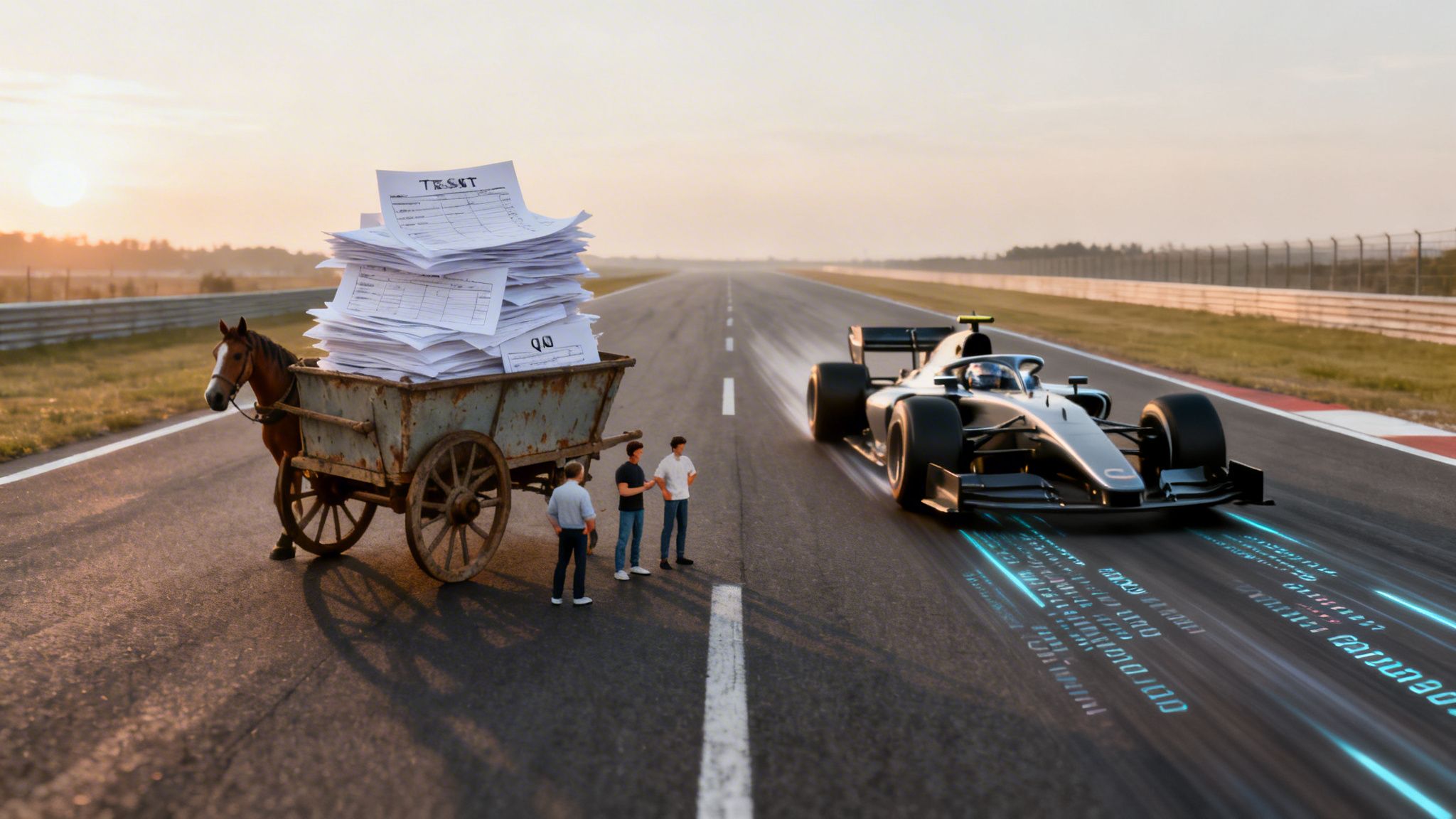 Manual paper tests in a horse cart contrast automated digital testing with a fast F1 car.