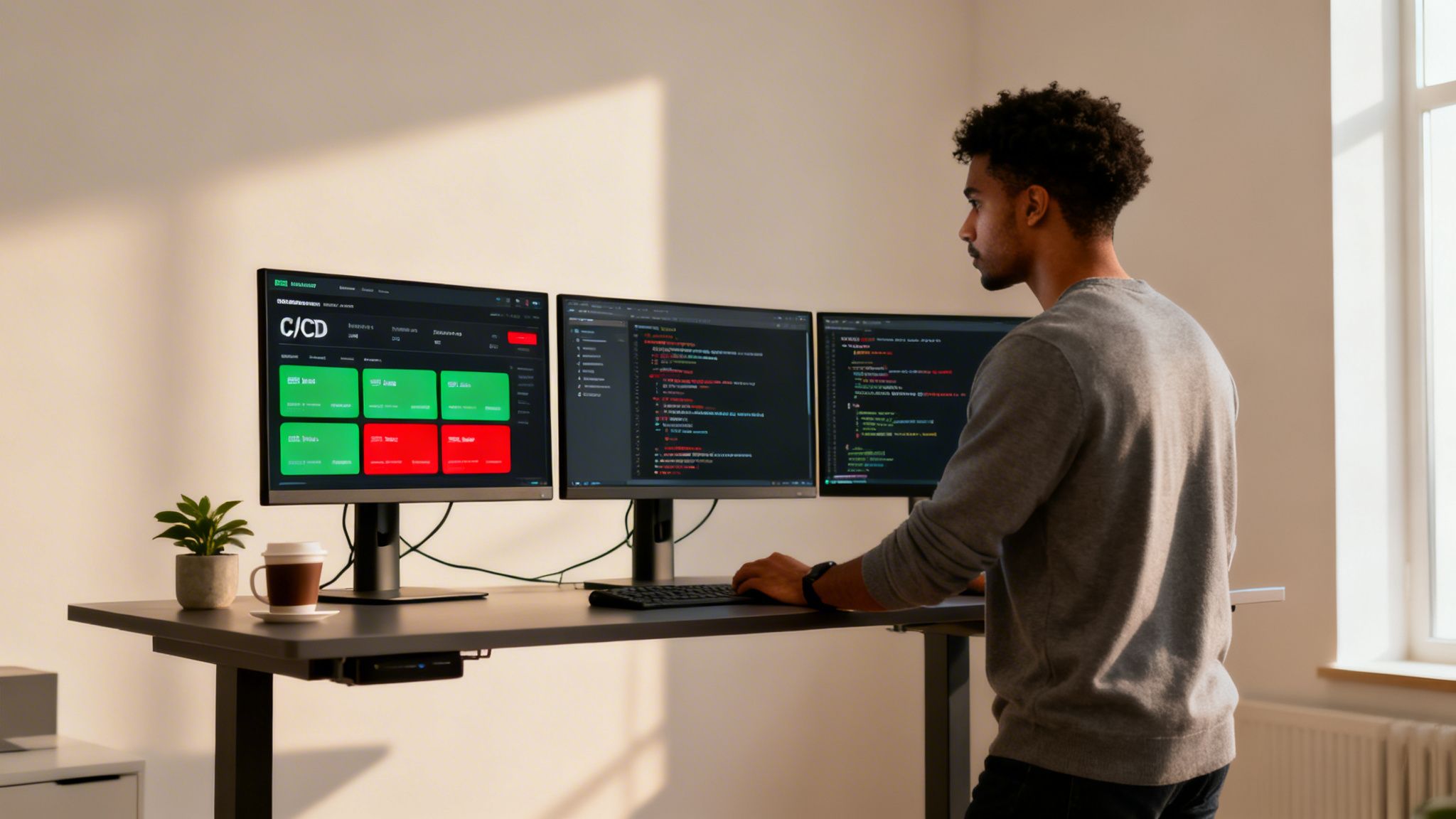 A male automation test engineer stands at a modern desk with three monitors displaying code and CI/CD dashboards.