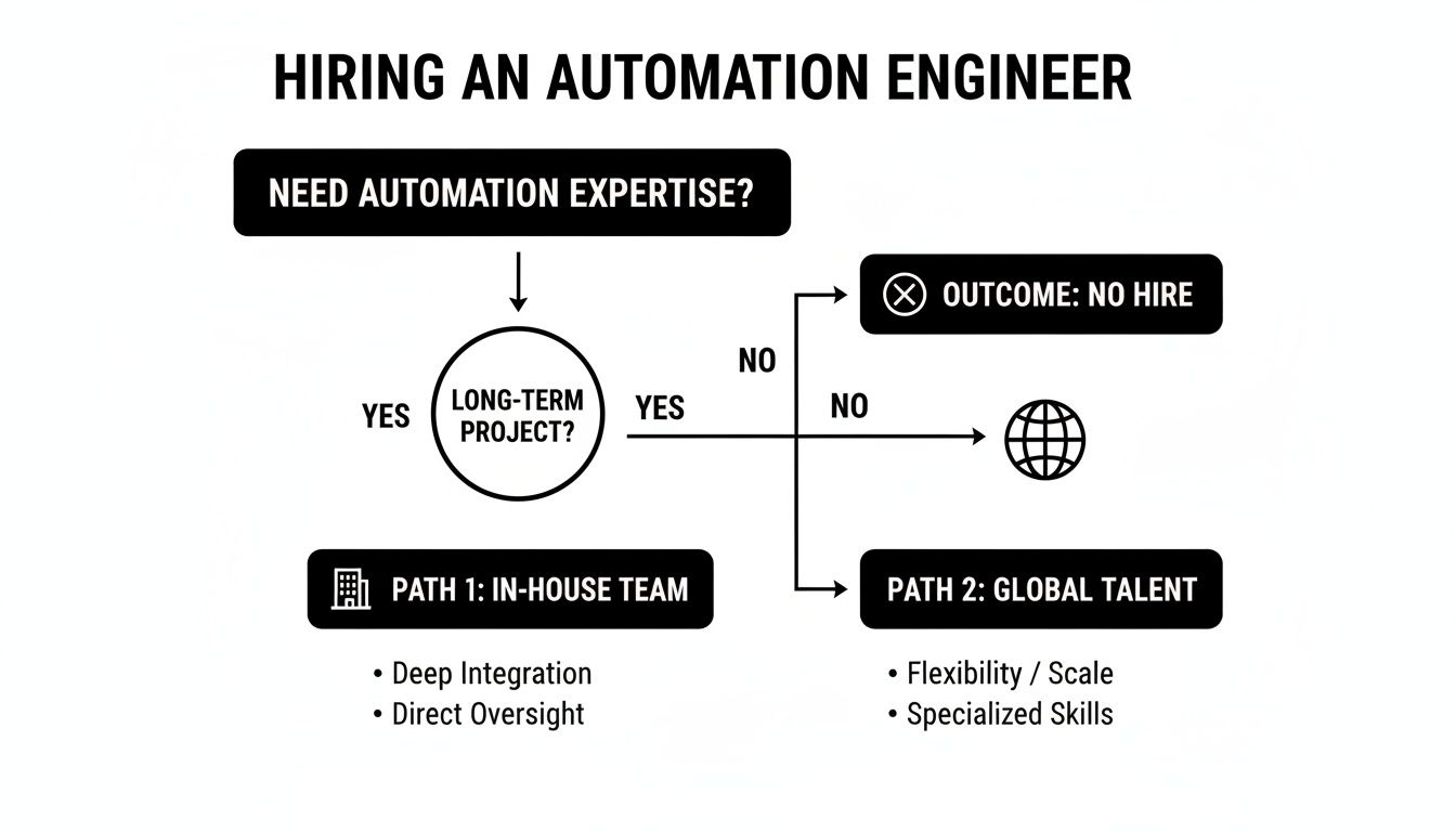 Flowchart for hiring an automation engineer, detailing decision steps for in-house team versus global talent.
