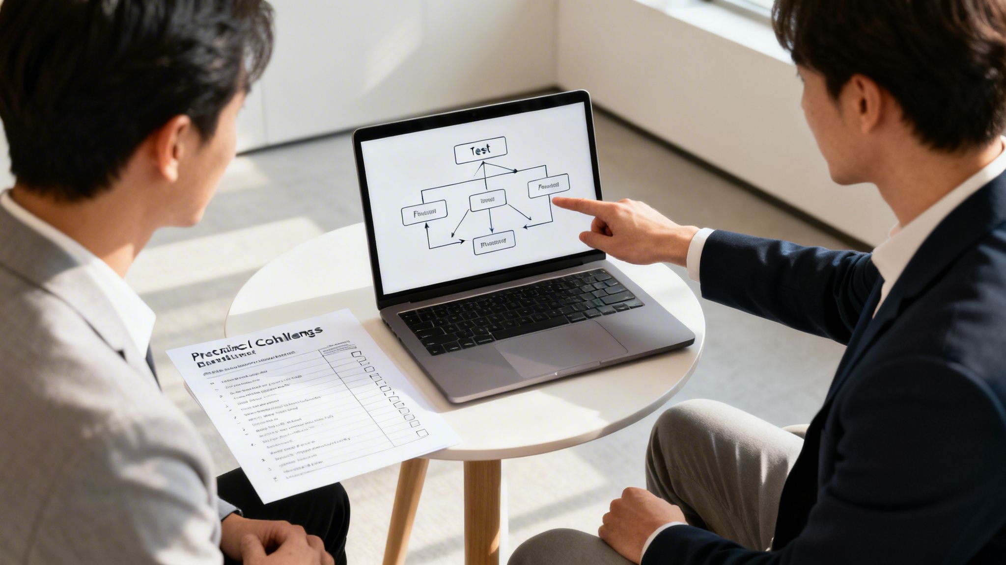 Two men discuss a flowchart on a laptop, analyzing 'Test' and 'Process' steps.