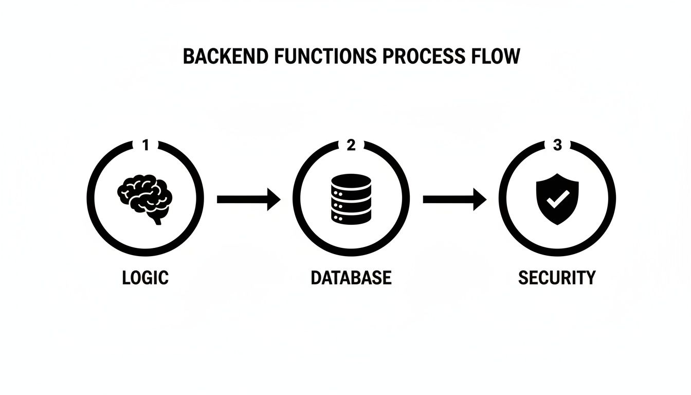 Diagram showing backend functions process flow: Logic (brain), Database (cylinders), and Security (shield) in sequence.