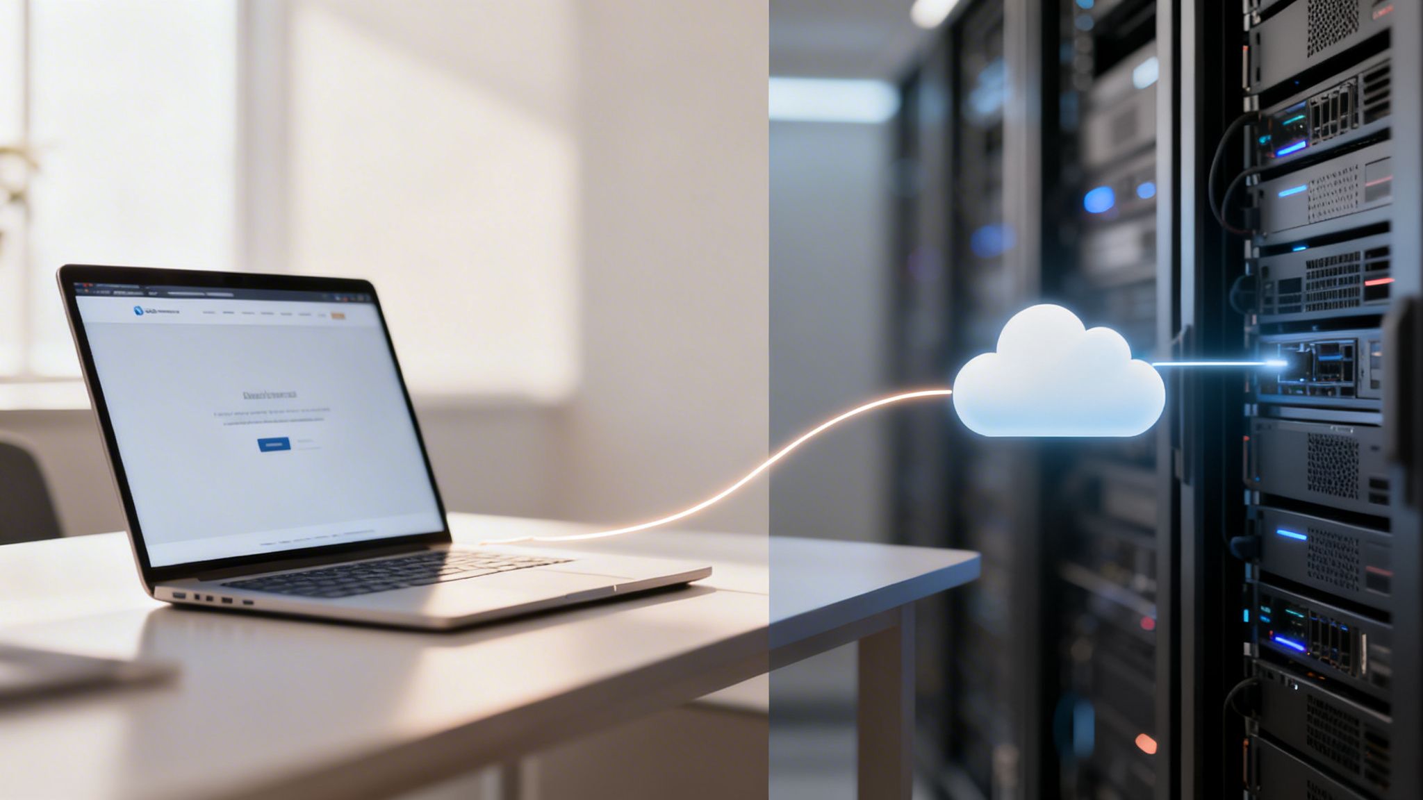A laptop connects to a glowing cloud icon, which is linked to server racks, symbolizing cloud computing and data transfer.
