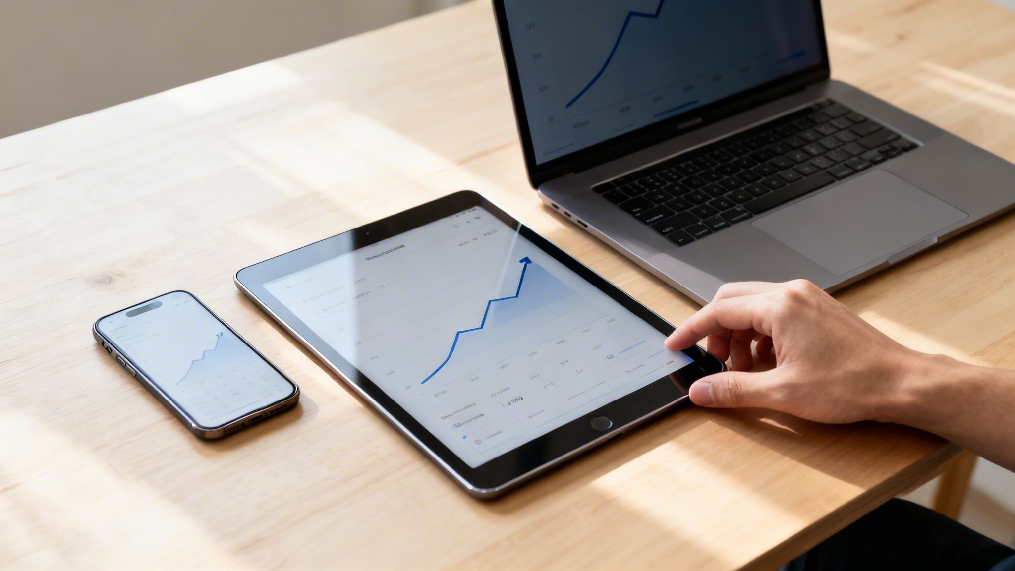 A person's hand interacts with a tablet displaying a rising sales chart, next to a smartphone and laptop.