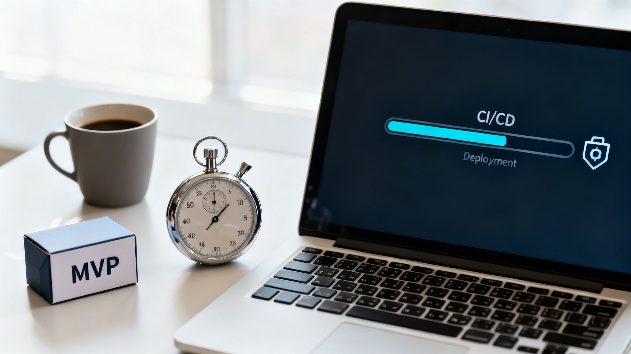 A laptop screen displays CI/CD deployment progress. A stopwatch, coffee cup, and MVP box are on a desk.