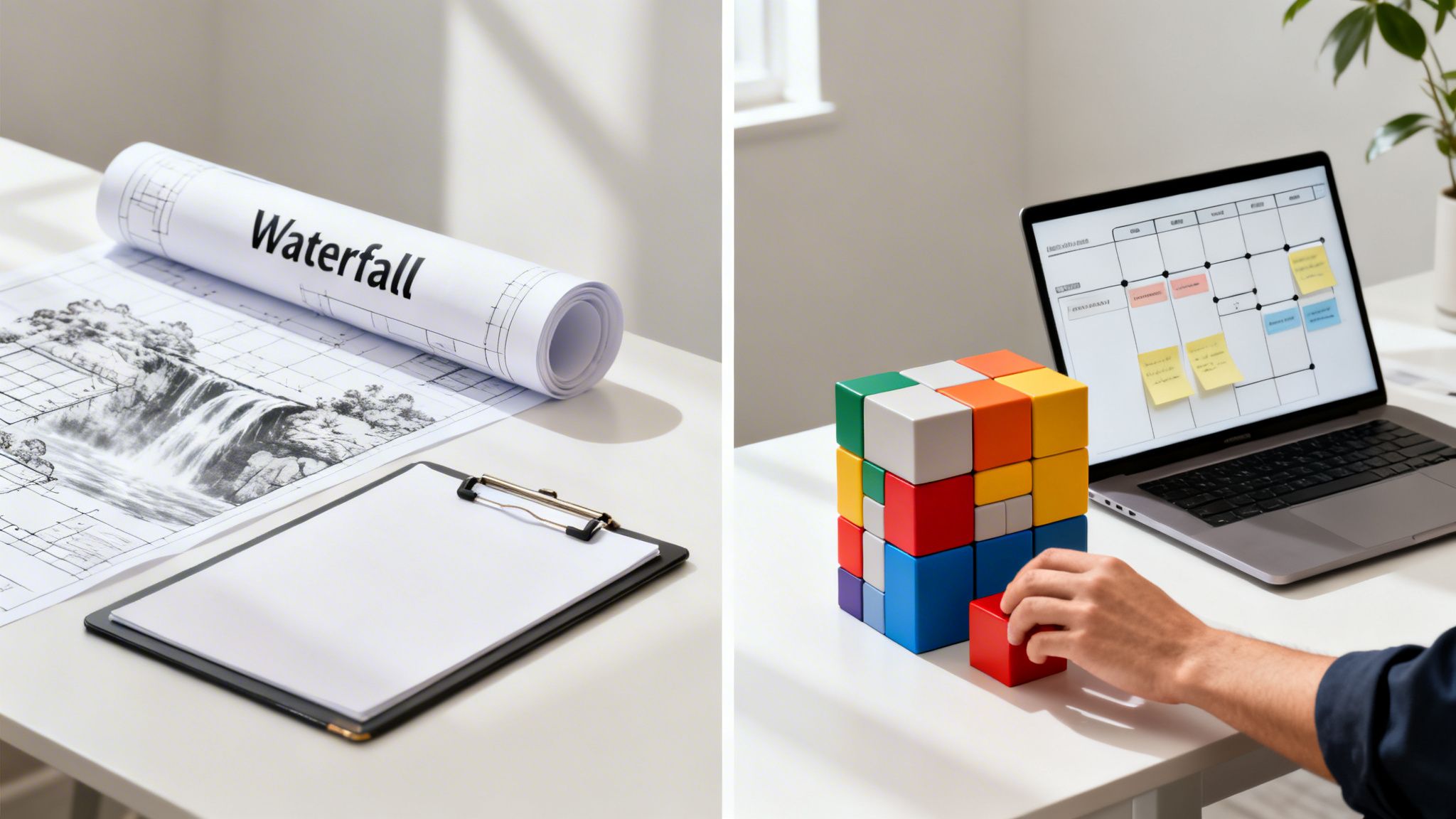A visual representation contrasting Waterfall methodology blueprint with Agile block building and Kanban screen.