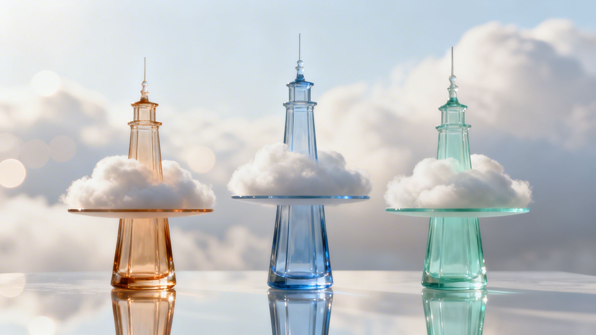 Three colorful glass towers with white clouds, symbolizing cloud computing against a cloudy sky.