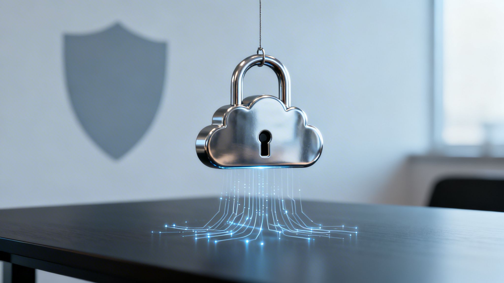 A metallic cloud padlock hangs above glowing data streams on a table, symbolizing secure cloud computing and data protection.