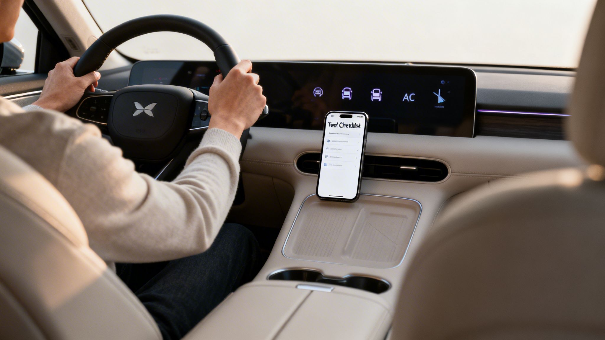A person driving a modern car with a smartphone mounted on the dashboard showing a 'Test Checklist'.