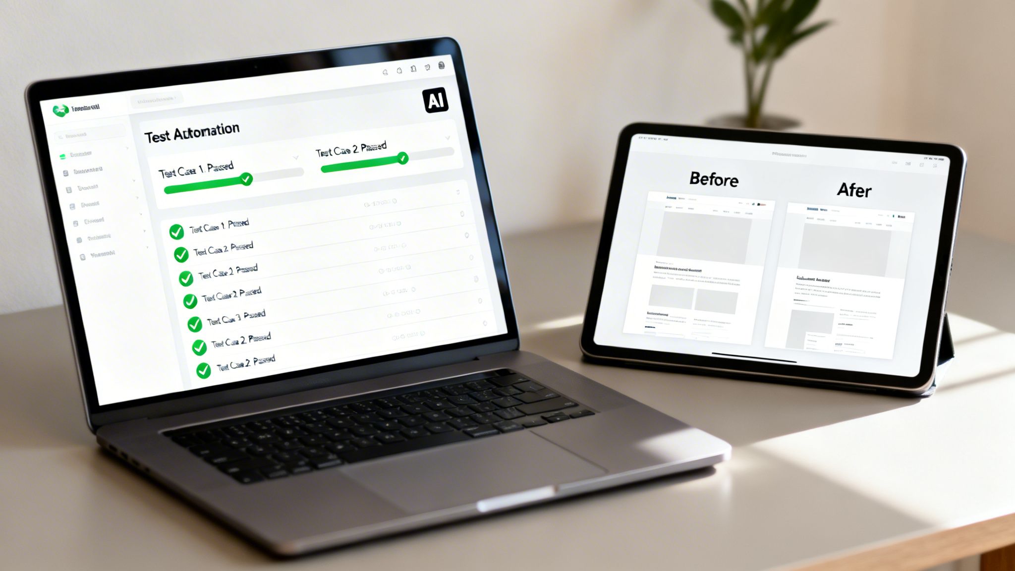 Laptop screen displaying test automation results and a tablet showing before and after webpage comparisons.