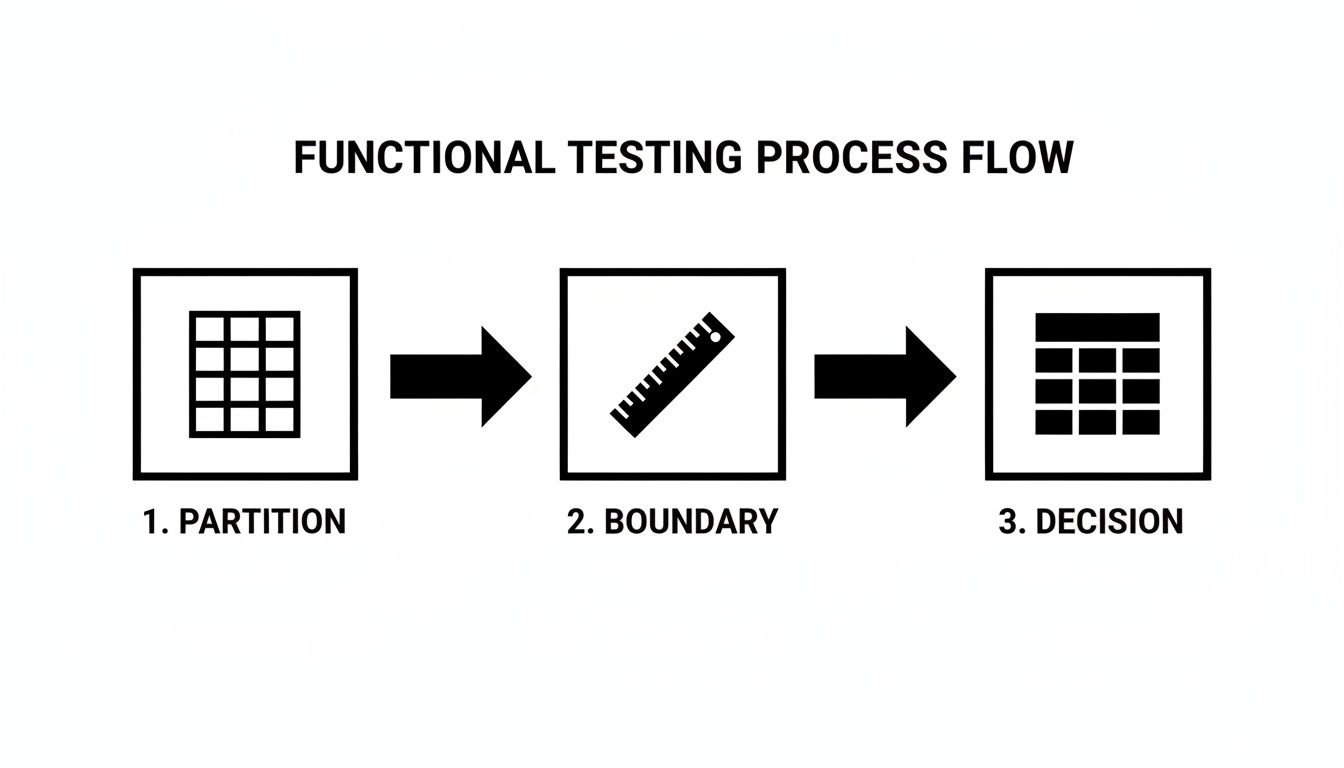 A functional testing process flow diagram illustrating partition, boundary, and decision testing steps.