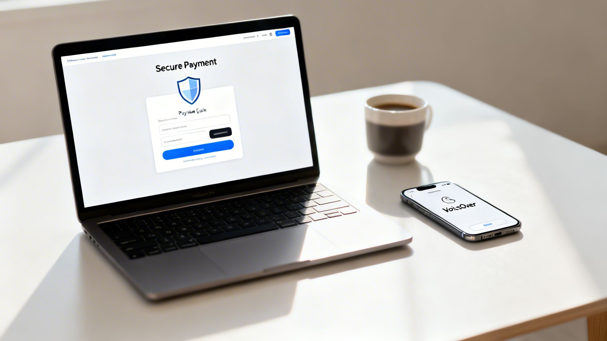 A modern workspace with a laptop displaying a secure payment page, a coffee mug, and a smartphone.