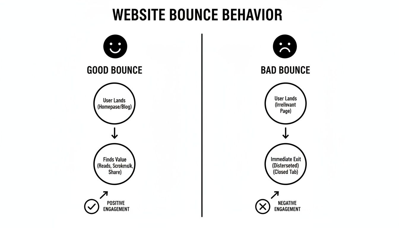 Flowchart comparing good vs. bad website bounce behavior, showing user engagement and exit scenarios.