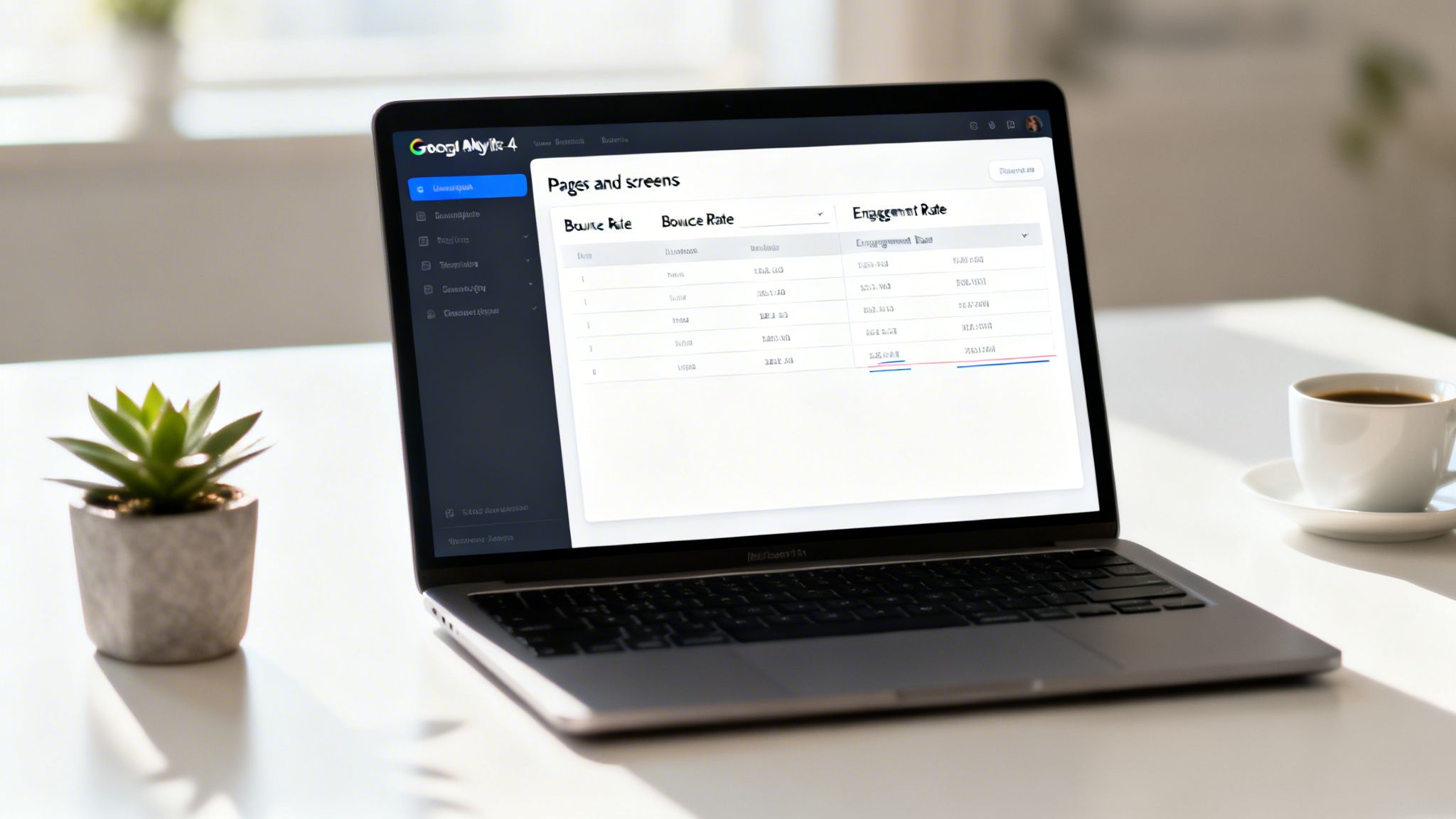 Laptop displaying Google Analytics 4 dashboard with bounce rate data on a modern desk.