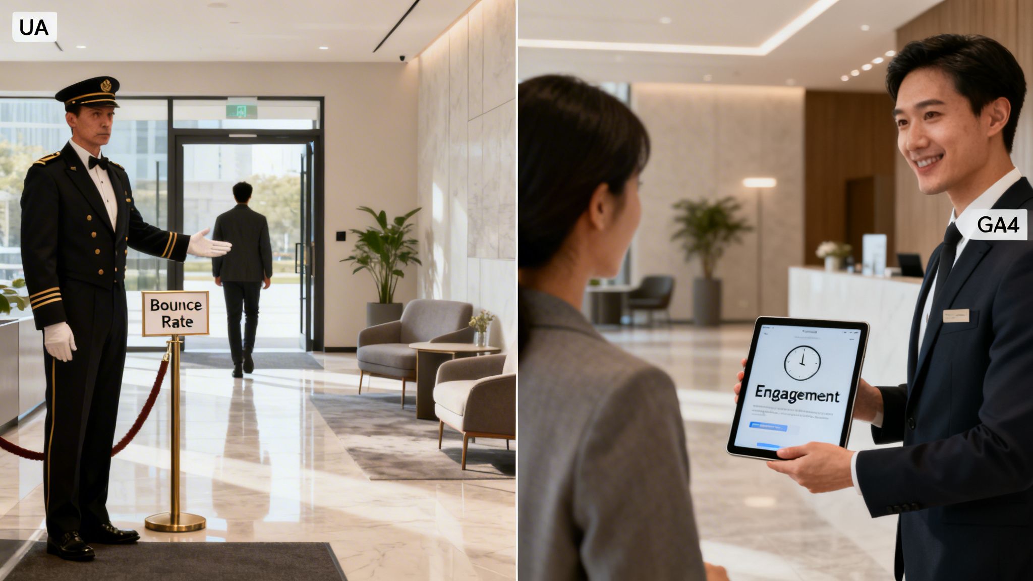 A split image contrasting Universal Analytics' 'Bounce Rate' with GA4's 'Engagement' metrics.