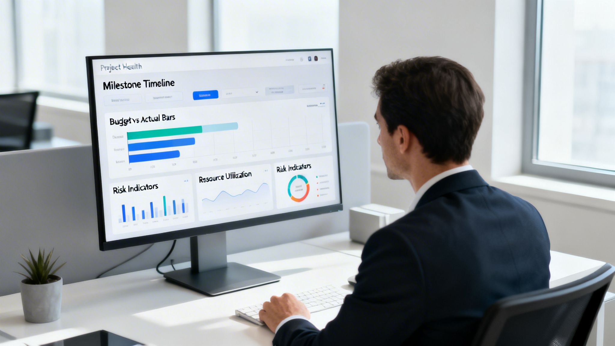 A man views a project health dashboard on a computer, displaying various business intelligence charts.