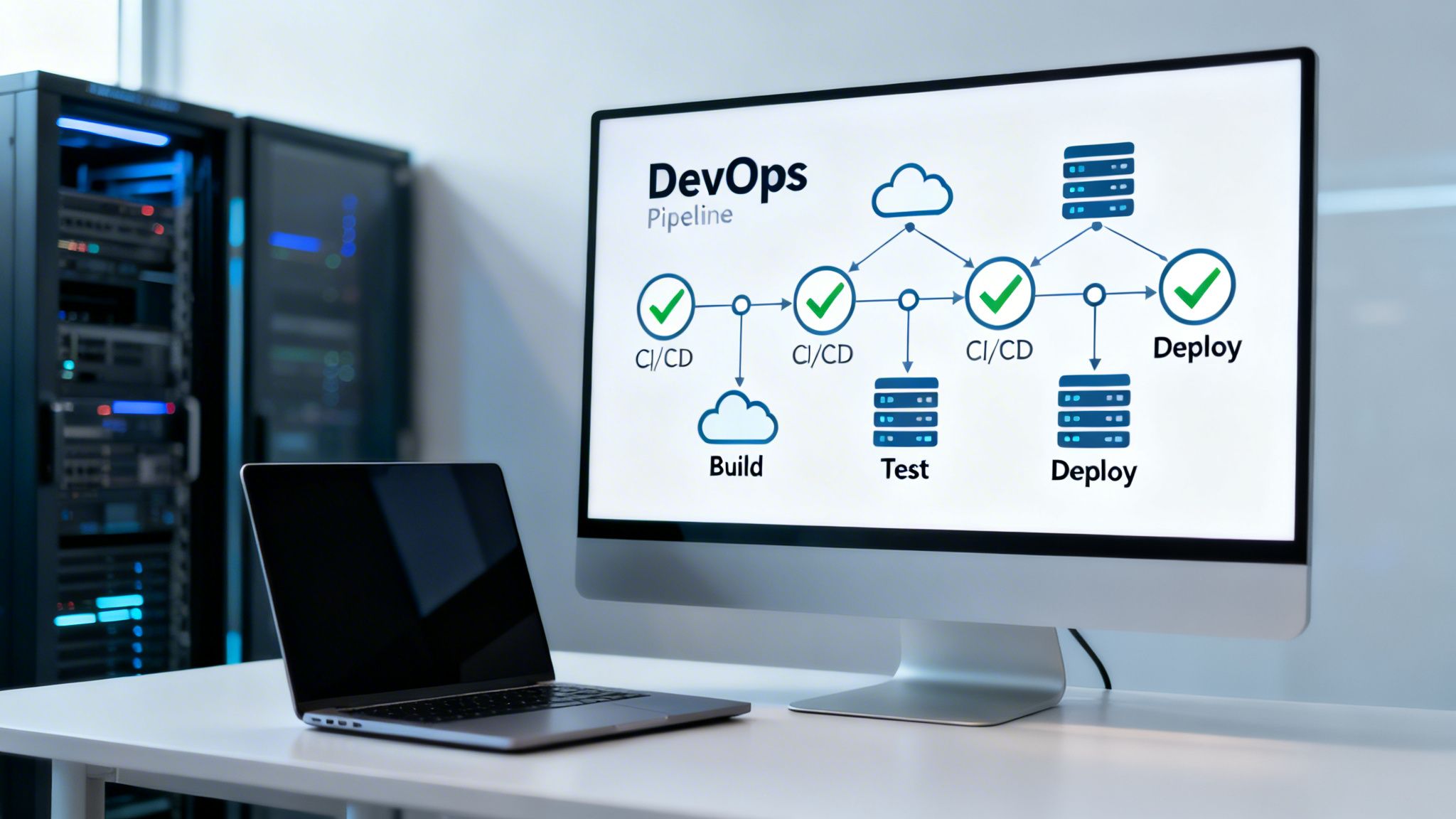 DevOps pipeline diagram on a monitor with a laptop and server racks in a data center.