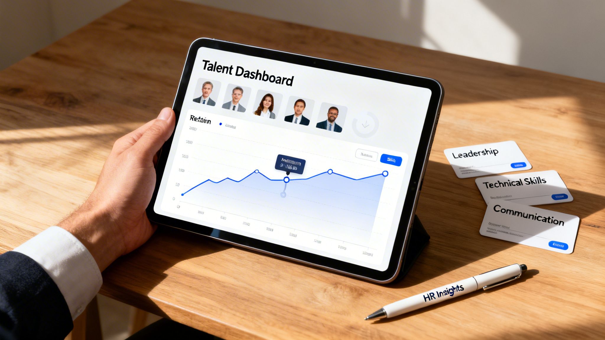 A hand holds a tablet displaying a talent dashboard with employee profiles and performance graphs, alongside HR skill cards.