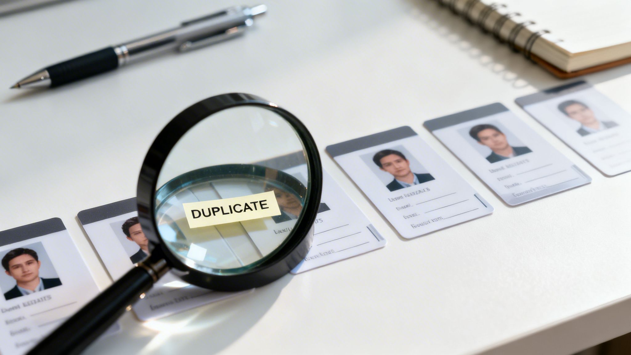 A magnifying glass highlights a yellow 'DUPLICATE' note over multiple ID cards with a man's photo.