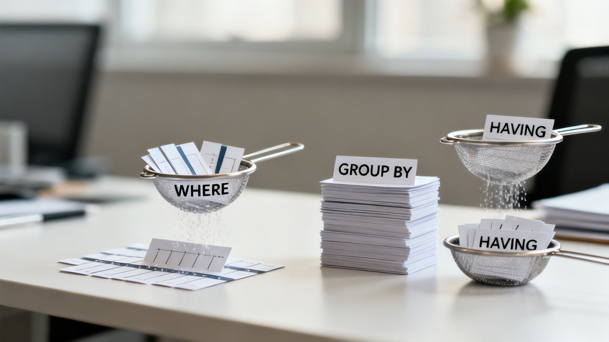 Desk with sieves filtering data cards, illustrating SQL WHERE, GROUP BY, and HAVING clauses.
