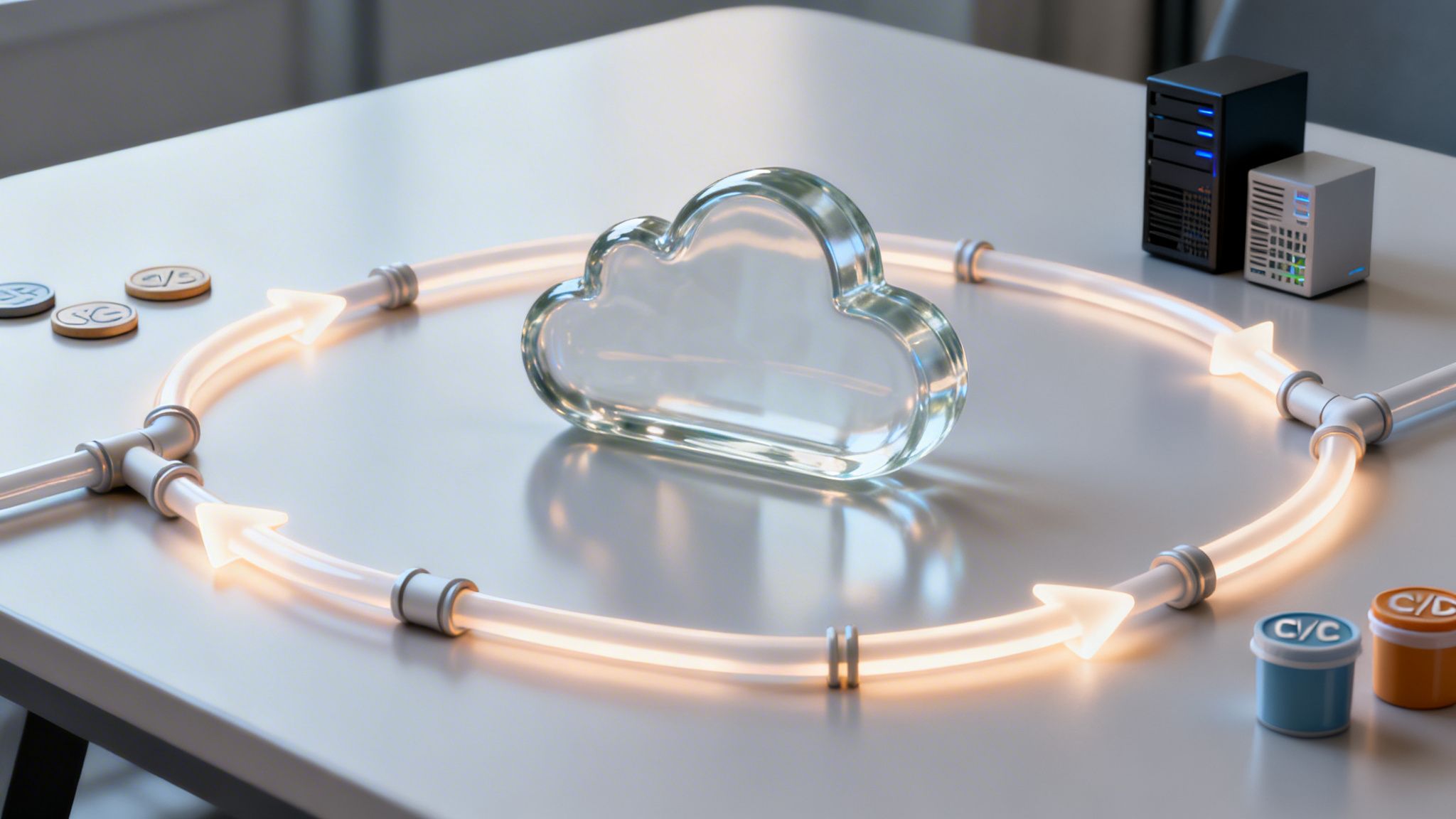 A clear glass cloud in a glowing circular pipeline, with servers and labeled containers.