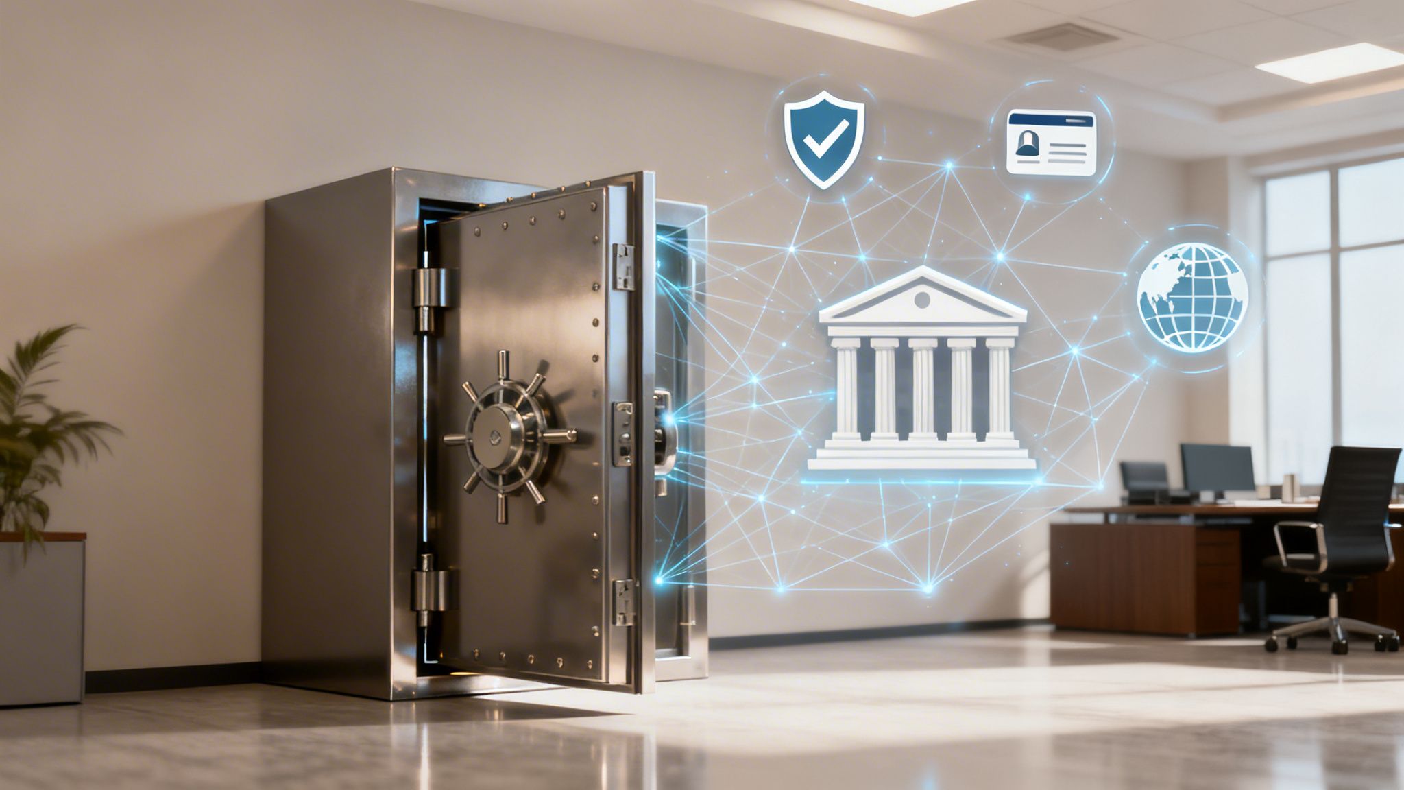 An open bank vault door in a modern office, connected to digital icons for security, identity, and global banking.