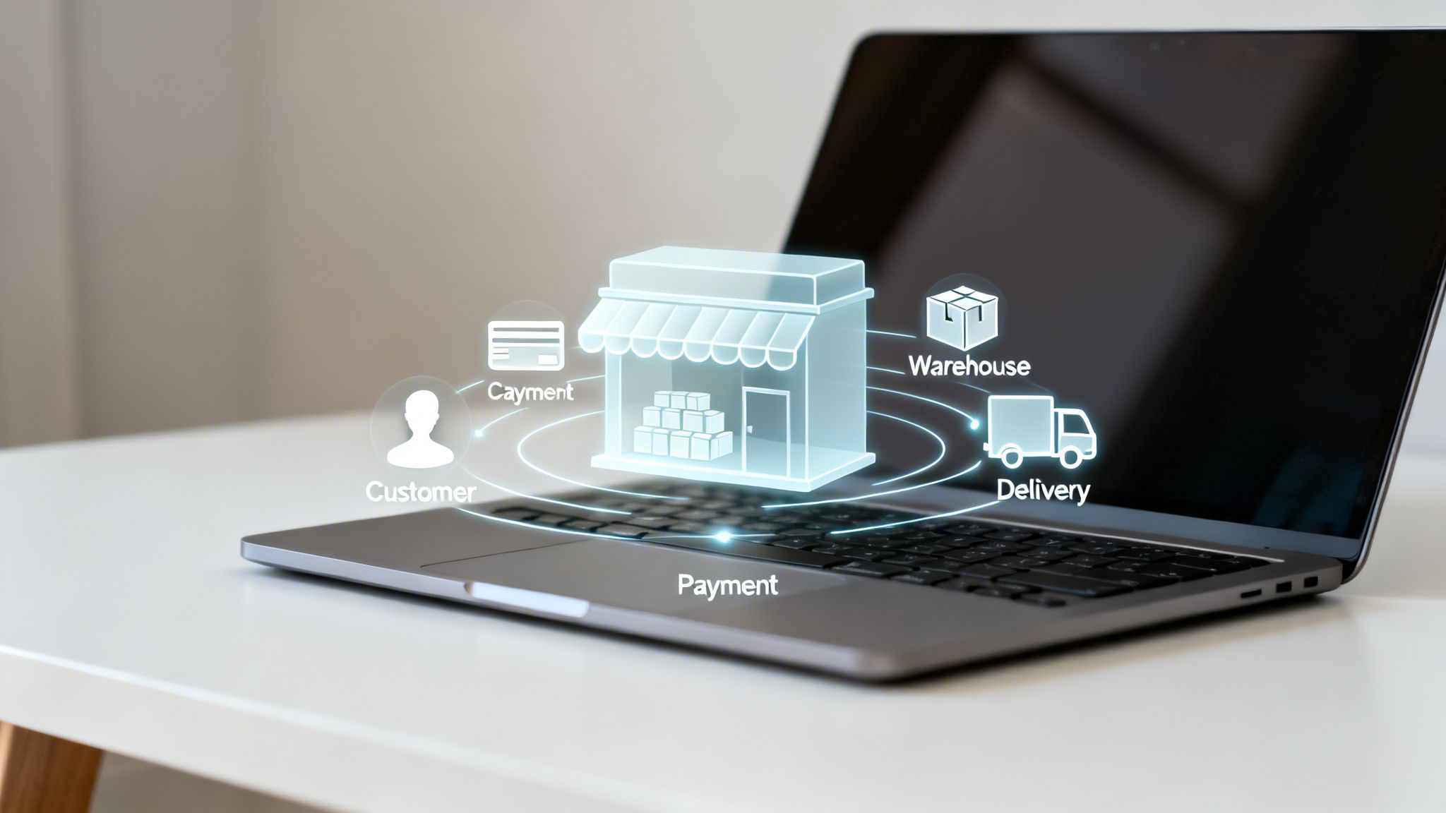 A holographic e-commerce diagram with store, customer, payment, warehouse, and delivery icons projected from a laptop.