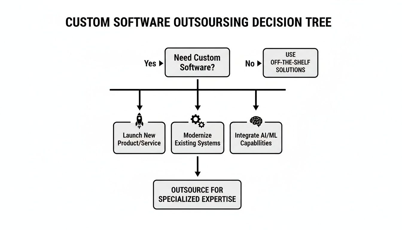 Decision tree for custom software outsourcing, guiding choices from needing custom software to specialized outsourcing.