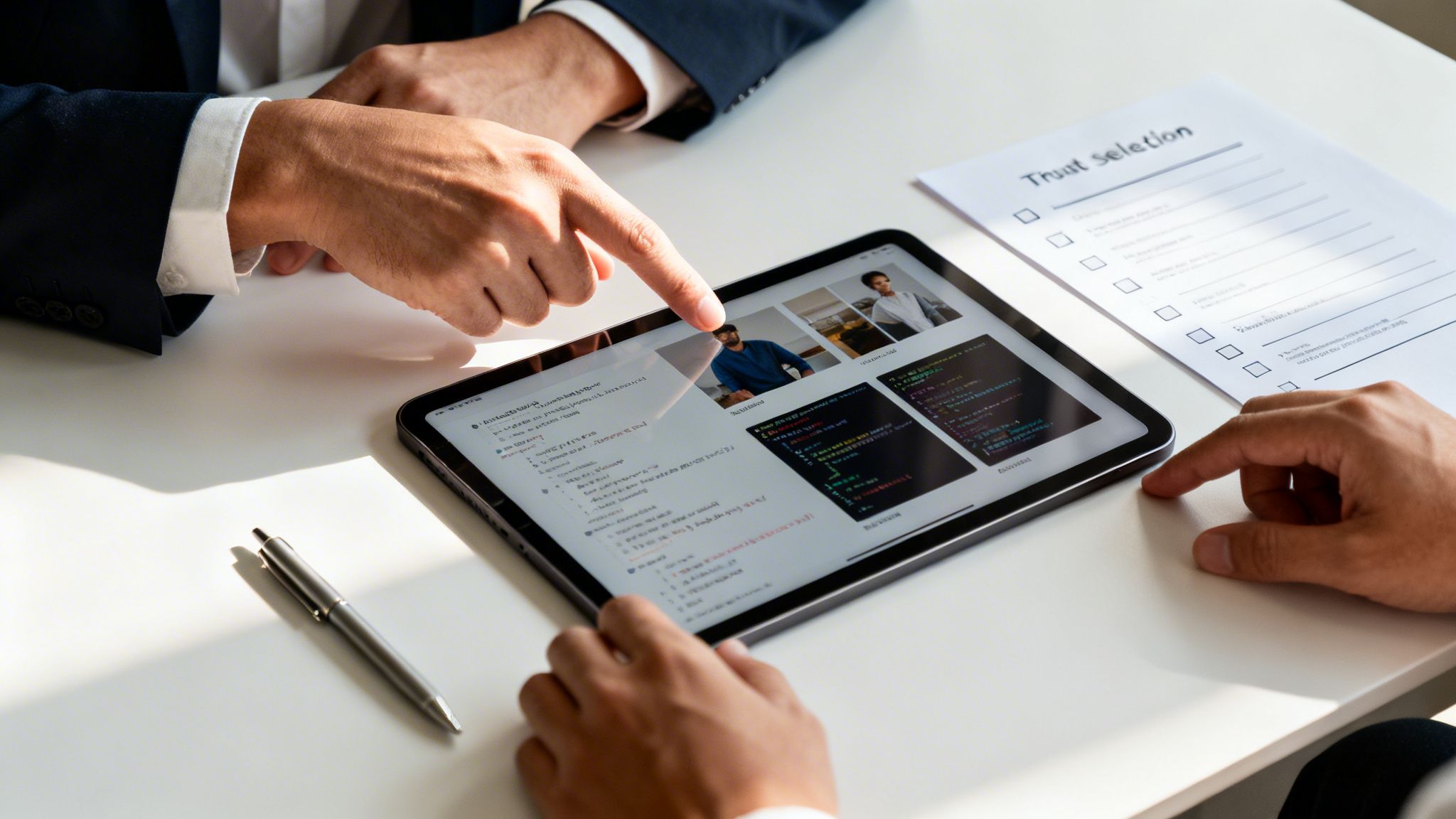 Hands pointing at a tablet screen displaying people and code, beside a 'Trust Selection' document.