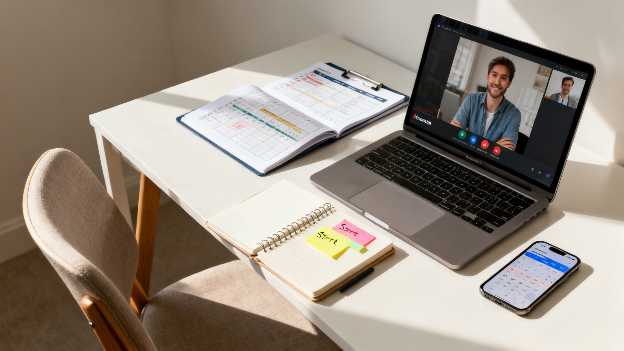 A bright home office desk setup with a laptop showing a video call, planner, notebook, and smartphone.