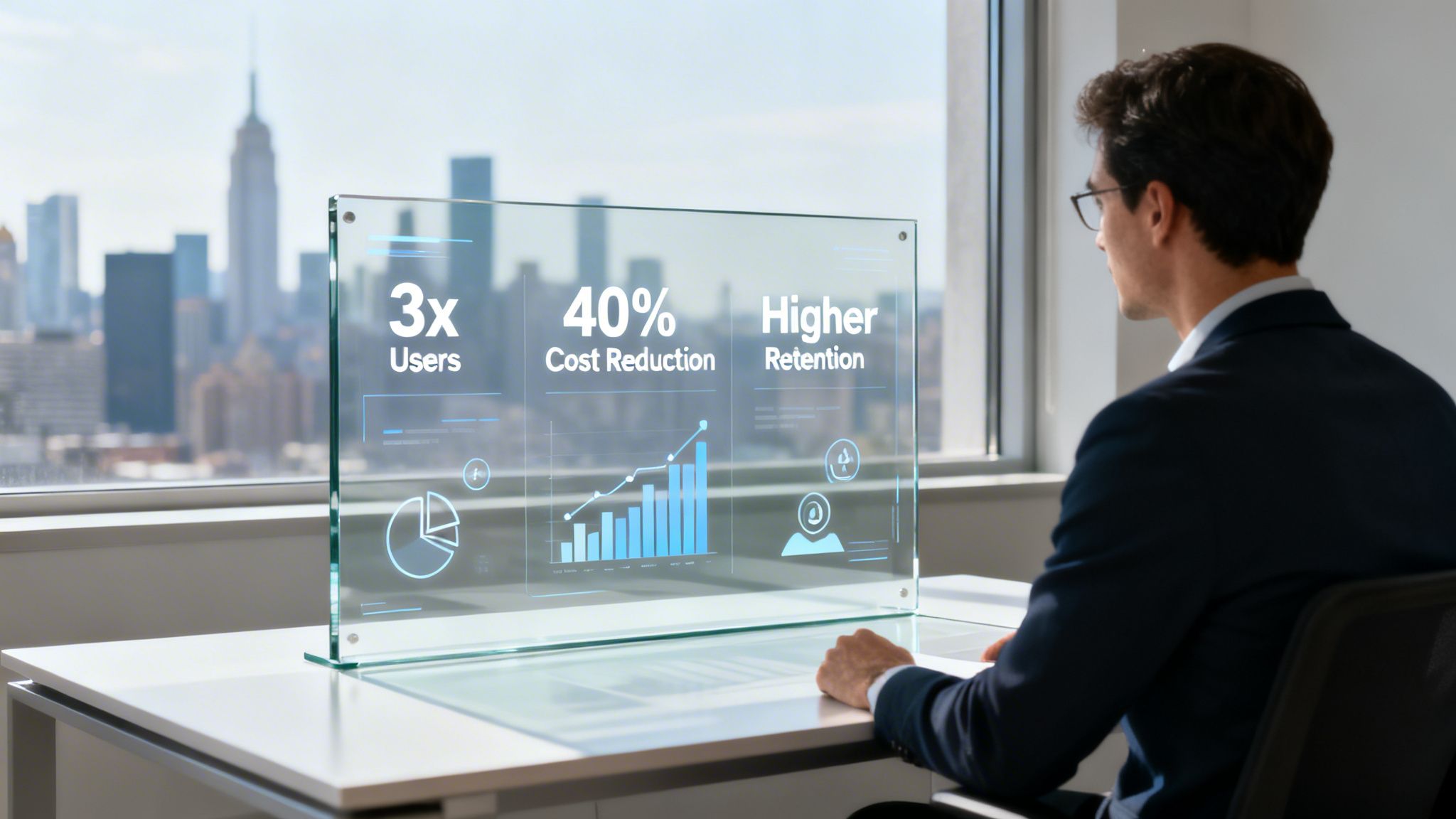 Businessman viewing user growth, cost reduction, and retention metrics on a transparent digital display in an office.