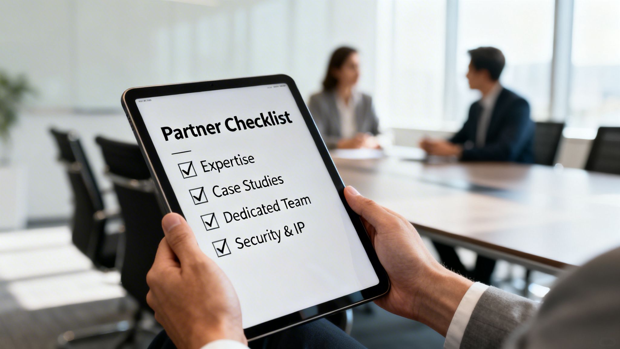 A person holds a tablet displaying a 'Partner Checklist' with checked items, in a modern meeting room.