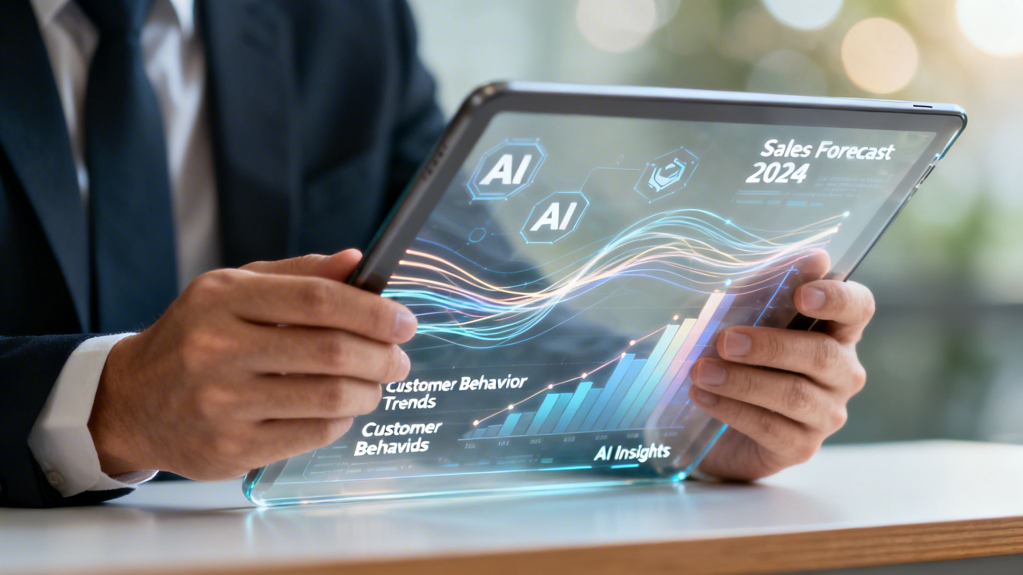 Businessman holding a futuristic transparent tablet displaying AI sales forecast and customer trends.
