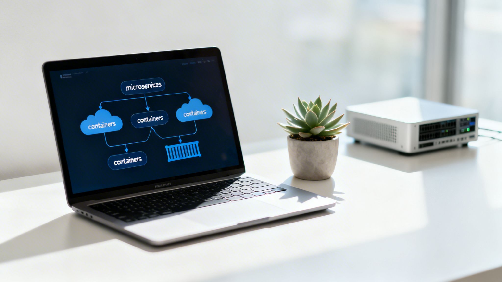 A laptop on a white desk displays a microservices and containers diagram, with a succulent plant and server.