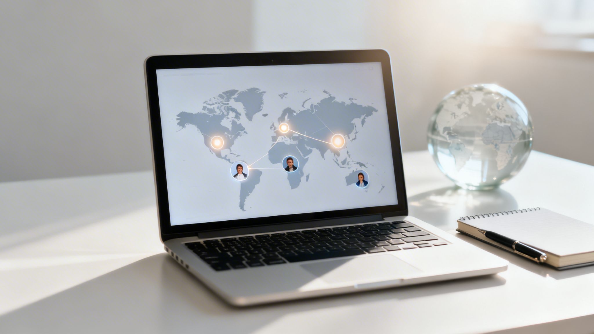 A laptop shows a world map with glowing connection points and profile pictures, symbolizing global collaboration.