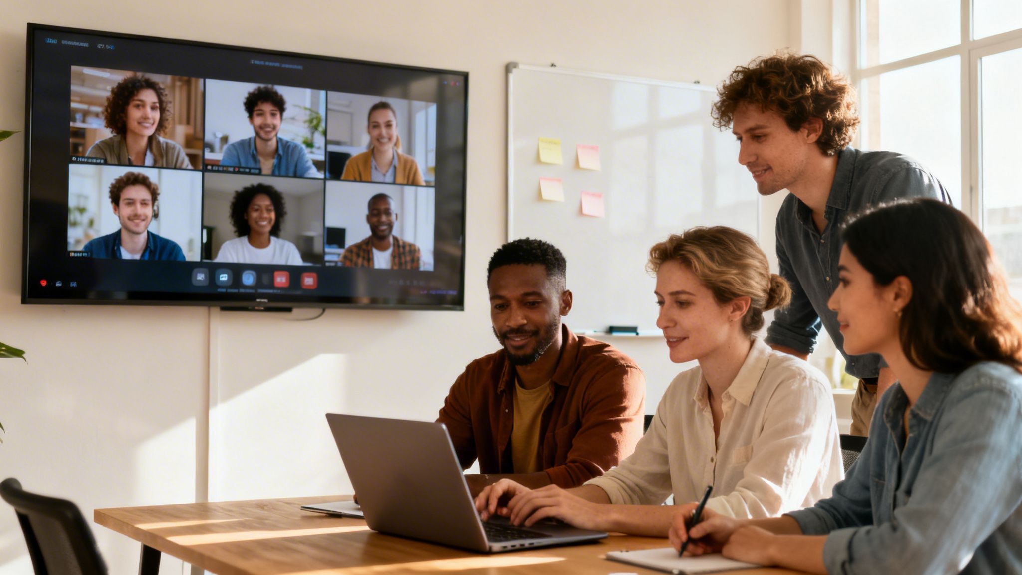 Diverse team collaborating in a modern office, engaged in an in-person and virtual meeting.